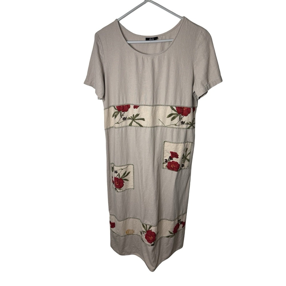 Tapestry Floral Embroidered Midi Dress Boho Lagenlook Artsy Medium Linin Rayon